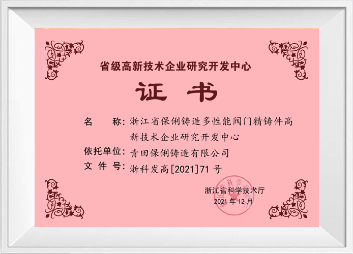 Zertifikat des High-Tech Enterprise Research and Development Center der Provinz